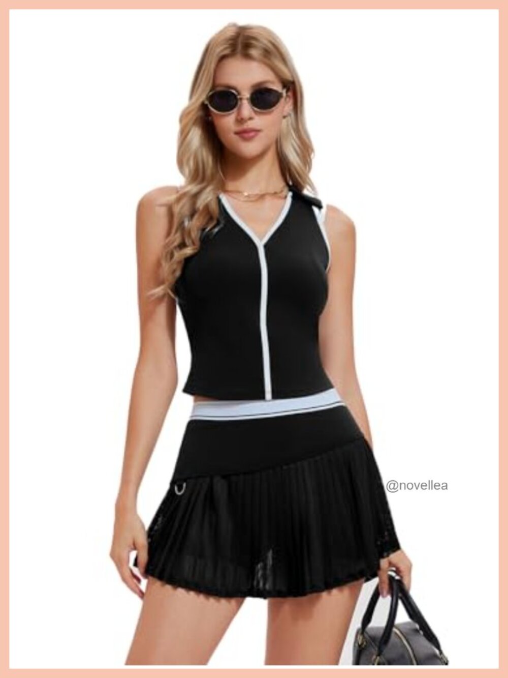 2 Piece Tennis Skirt Set V Neck Collared Tank Pleated Mesh Skort Athletic